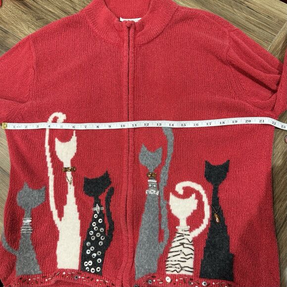 Coldwater Creek Cardigan Sweater Womens Size XL Red Embellished Cat Full Zip - Picture 5 of 7